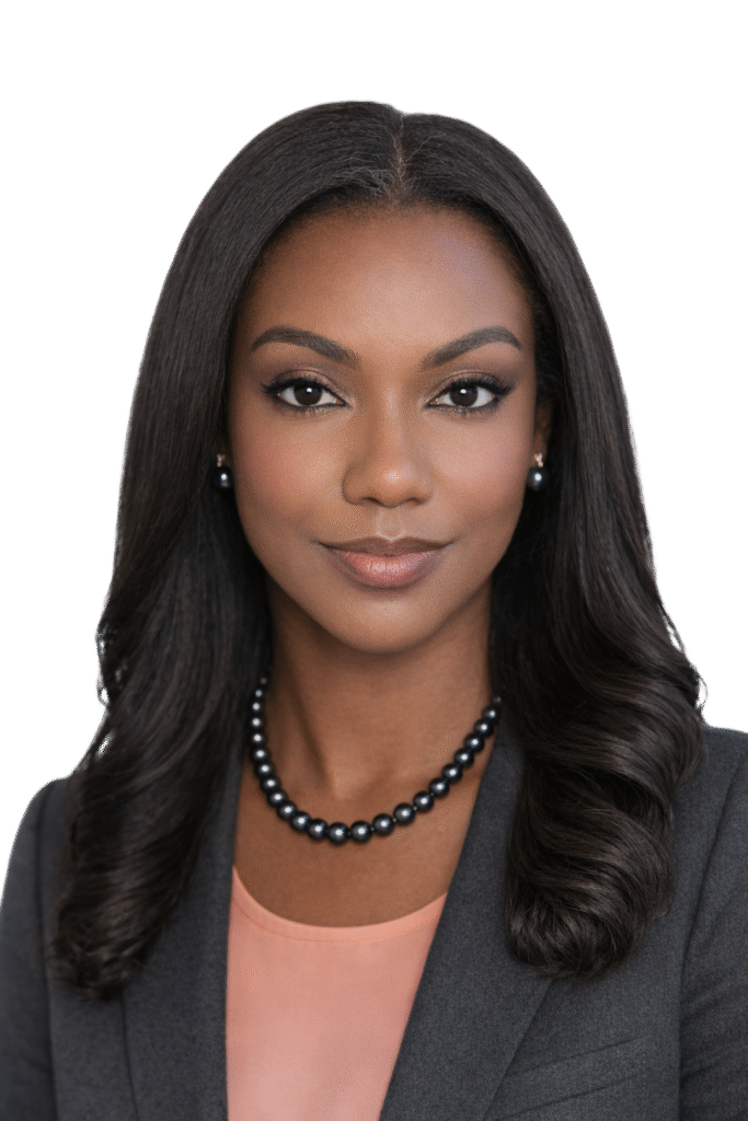 Professional headshot of a smiling, dark-skinned Black American woman with long, straight hair. She is wearing a charcoal grey suit, an orange pastel blouse and both black pearl earrings and a necklace.