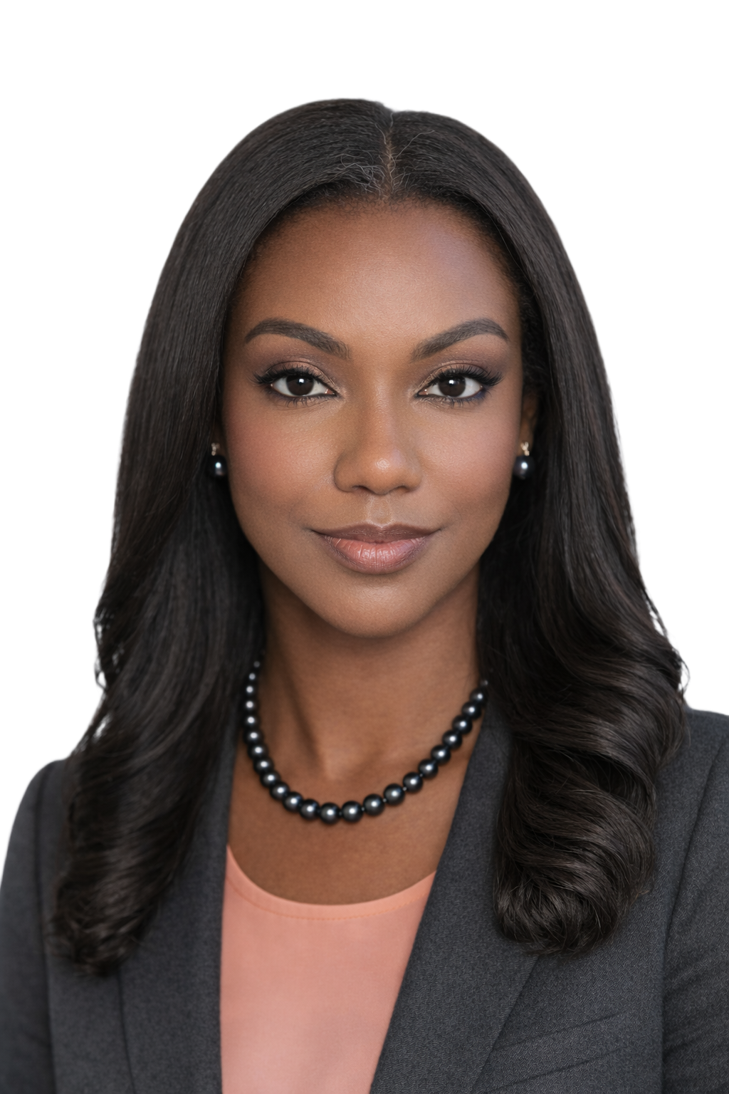 Professional headshot of a smiling, dark-skinned Black American woman with long, straight hair. She is wearing a charcoal grey suit, an orange pastel blouse and both black pearl earrings and a necklace.