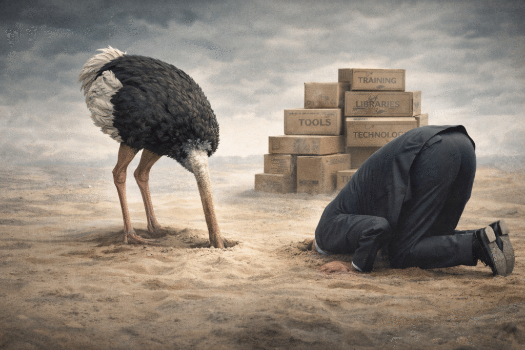 A suited executive mirrors an ostrich by burying his head in the sand, with unused training boxes stacked behind them under a gray sky.