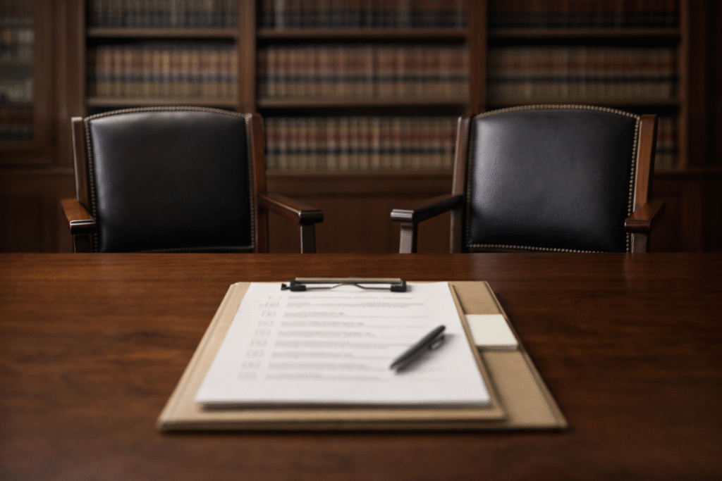 Two empty leather chairs across a wooden desk, with a blurred checklist on a clipboard in the foreground and shelves of legal volumes in the background.