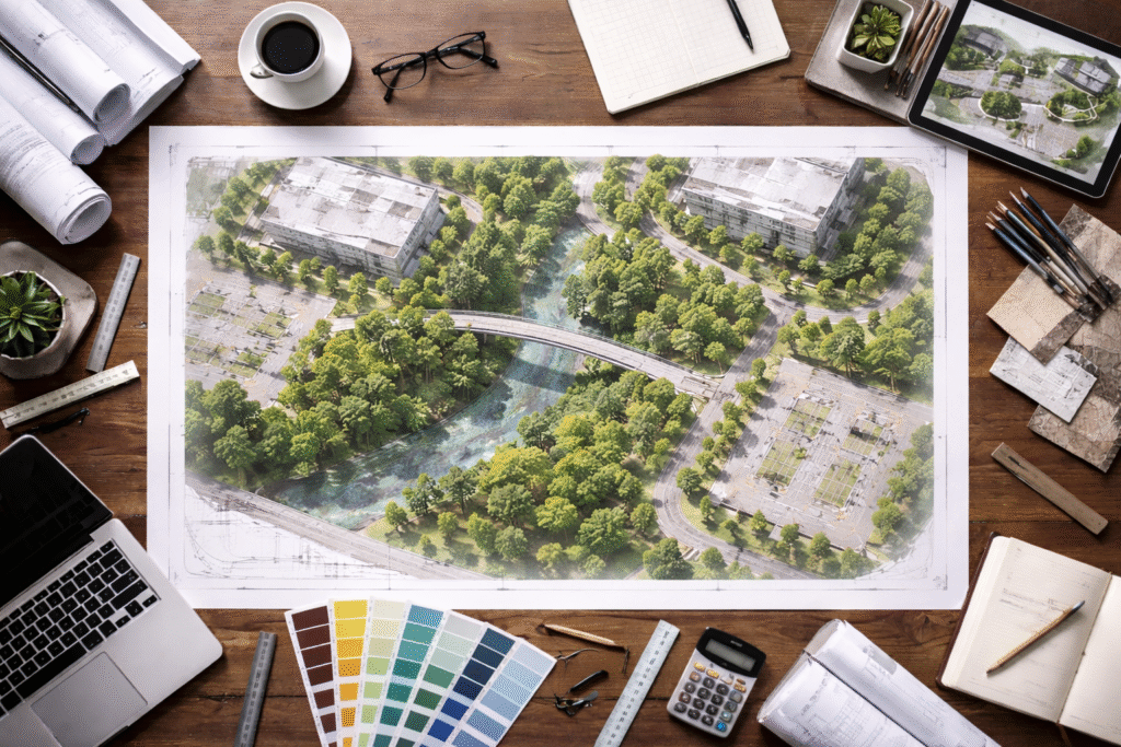 Overhead view of an architectural site plan centered on a pedestrian bridge spanning a stream.