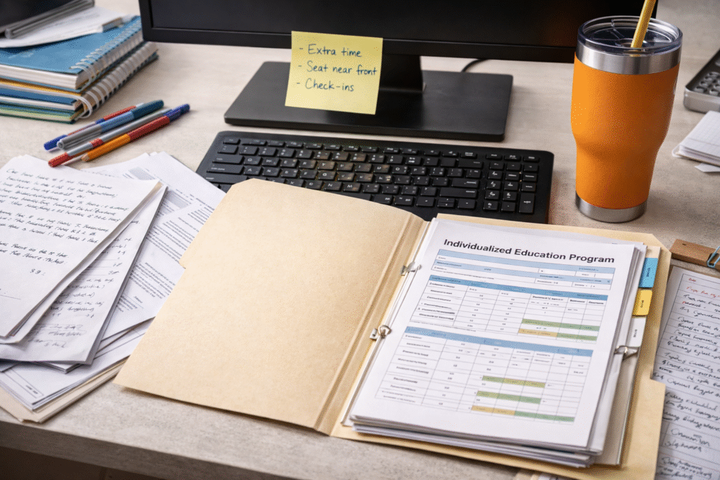 A cluttered teacher’s desk with an IEP in an open folder, student papers, a keyboard, and a sticky note listing informal 504 accommodations on a monitor.