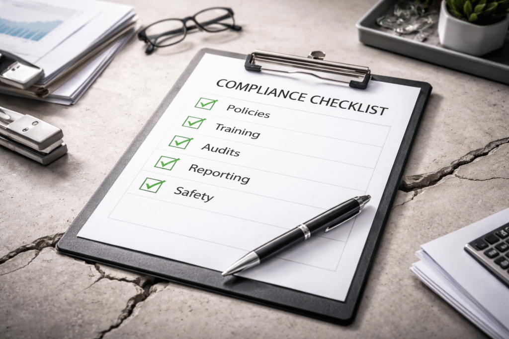 A clipboard displaying a completed compliance checklist placed on a cracked concrete tabletop with office supplies nearby.