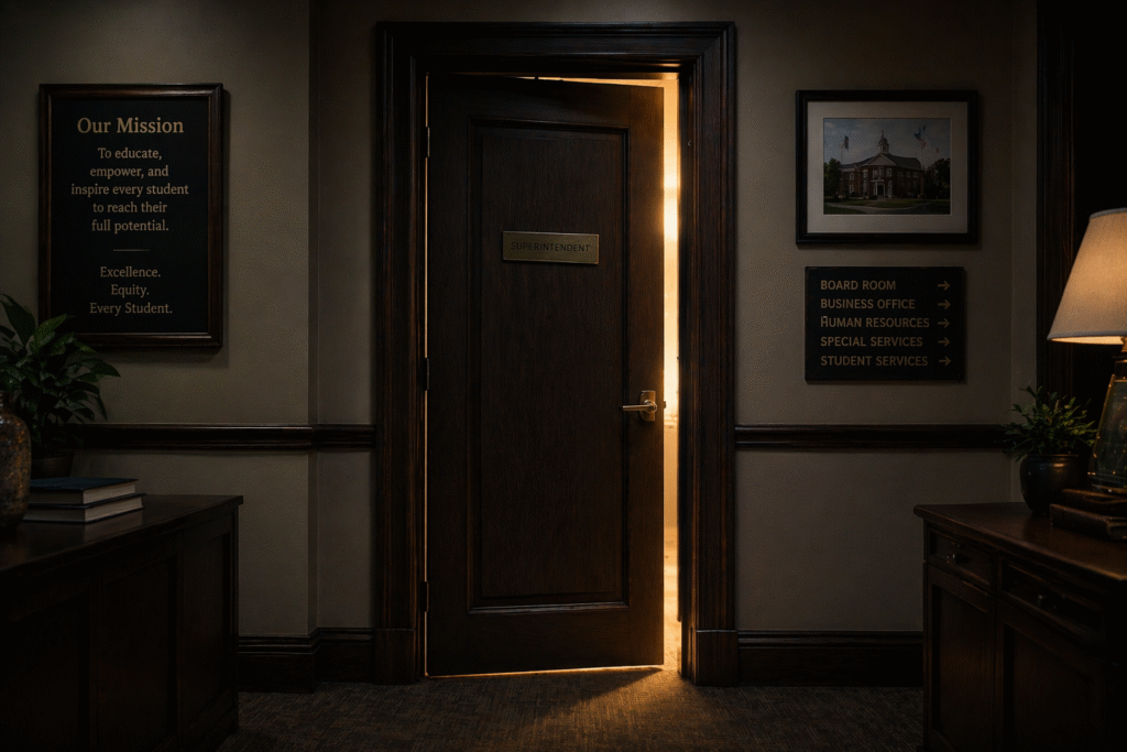 An administrative office hallway with framed wall decor and a door slightly ajar, with light visible from inside.